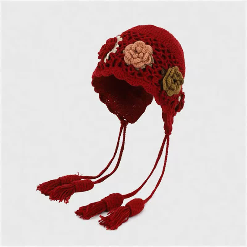 Buddha Stones Herbst-Winter-Damenmütze mit Blumenmuster, Quasten und Ohrenklappen, gehäkelt - Dunkelrot - Einheitsgröße (54-62 cm) - image 3