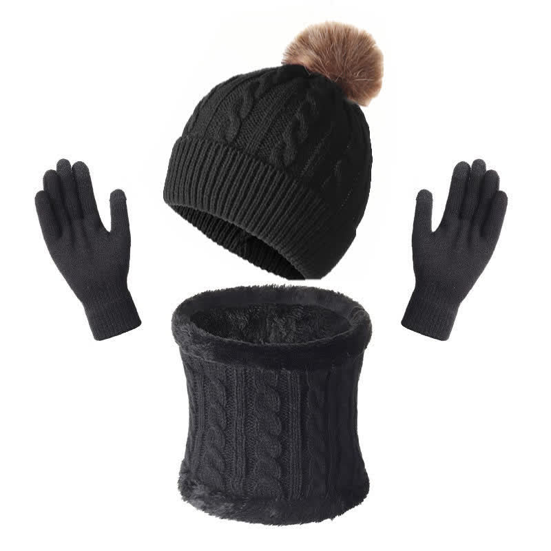 Buddha Stones 3-teiliges Herbst-Winter-Set mit Zopfmuster, Fleece-gefüttert, kuscheliger Halswärmer, Schal und Handschuhen für Damen - Schwarz - image 0