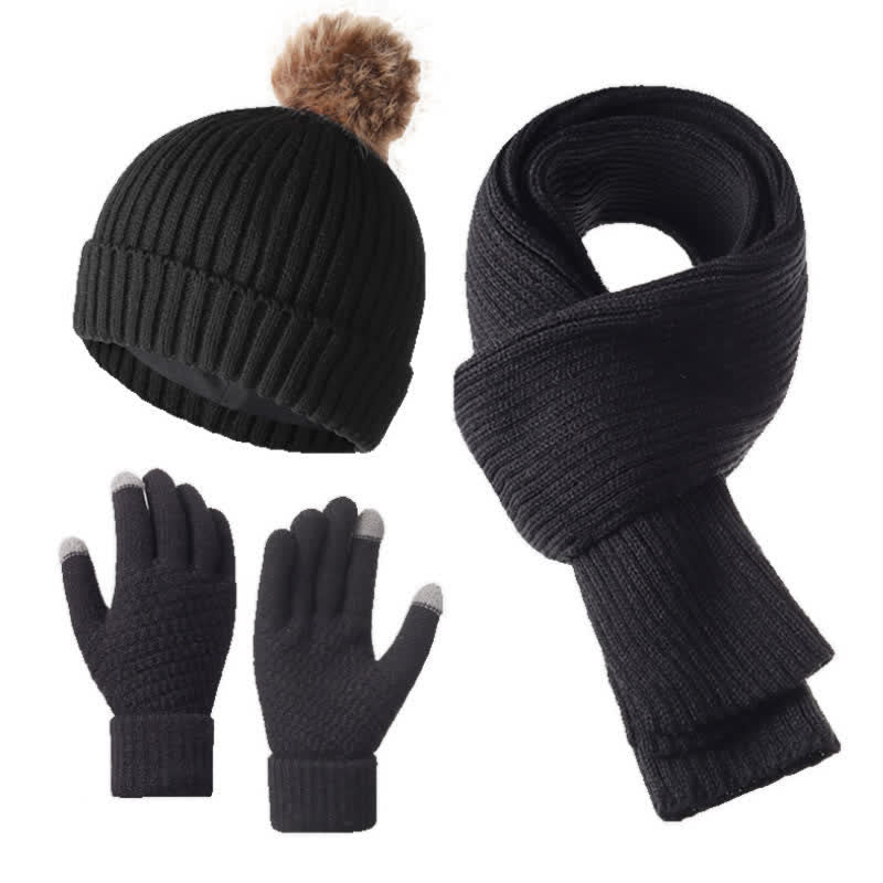 Buddha Stones 3-teiliges Set für Herbst und Winter: Gerippter Strickschal, Handschuhe und Mütze für Damen - Schwarz - image 2