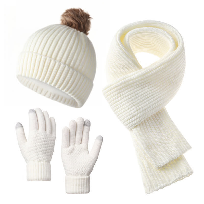 Buddha Stones 3-teiliges Set für Herbst und Winter: Gerippter Strickschal, Handschuhe und Mütze für Damen - Weiß - image 9