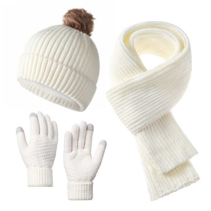 Buddha Stones 3-teiliges Set für Herbst und Winter: Gerippter Strickschal, Handschuhe und Mütze für Damen - Weiß - image 9