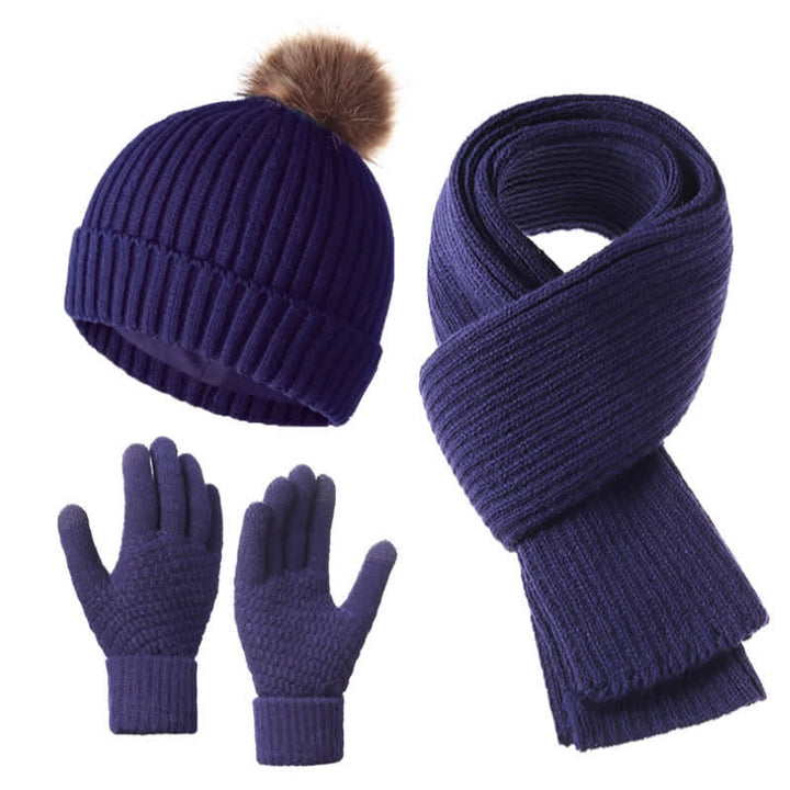 Buddha Stones 3-teiliges Set für Herbst und Winter: Gerippter Strickschal, Handschuhe und Mütze für Damen - Mitternachtsblau - image 6