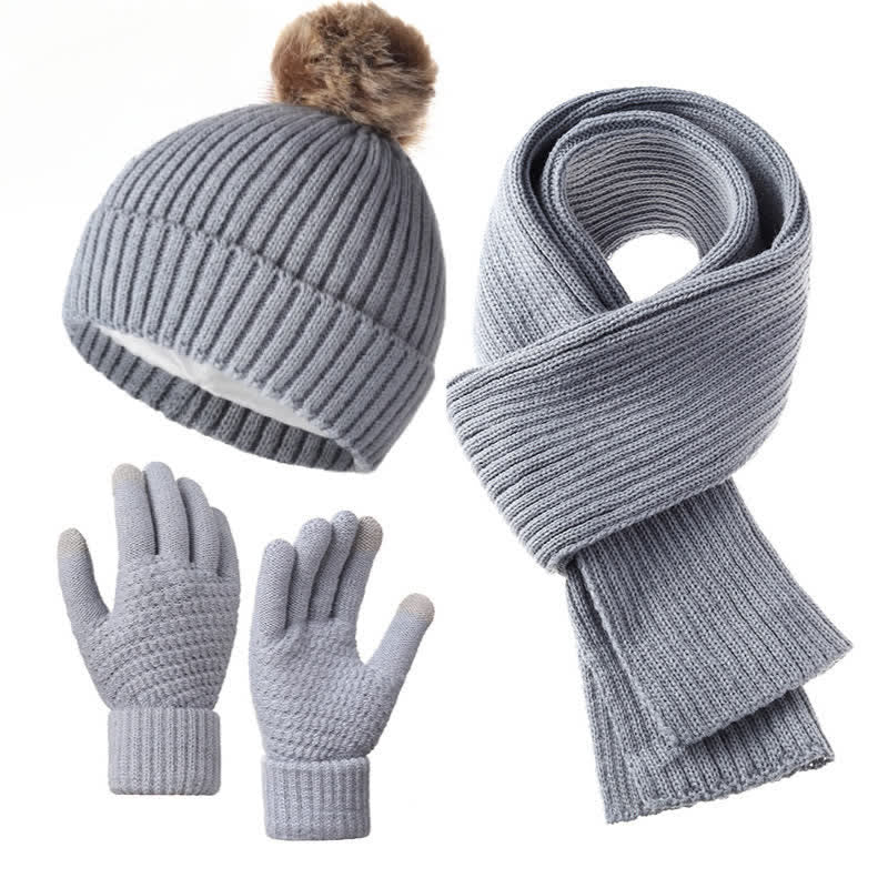 Buddha Stones 3-teiliges Set für Herbst und Winter: Gerippter Strickschal, Handschuhe und Mütze für Damen - Grau - image 5