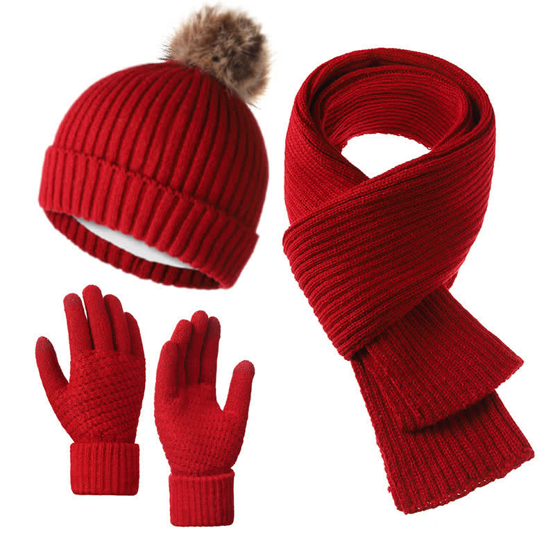 Buddha Stones 3-teiliges Set für Herbst und Winter: Gerippter Strickschal, Handschuhe und Mütze für Damen - Dunkelrot - image 3