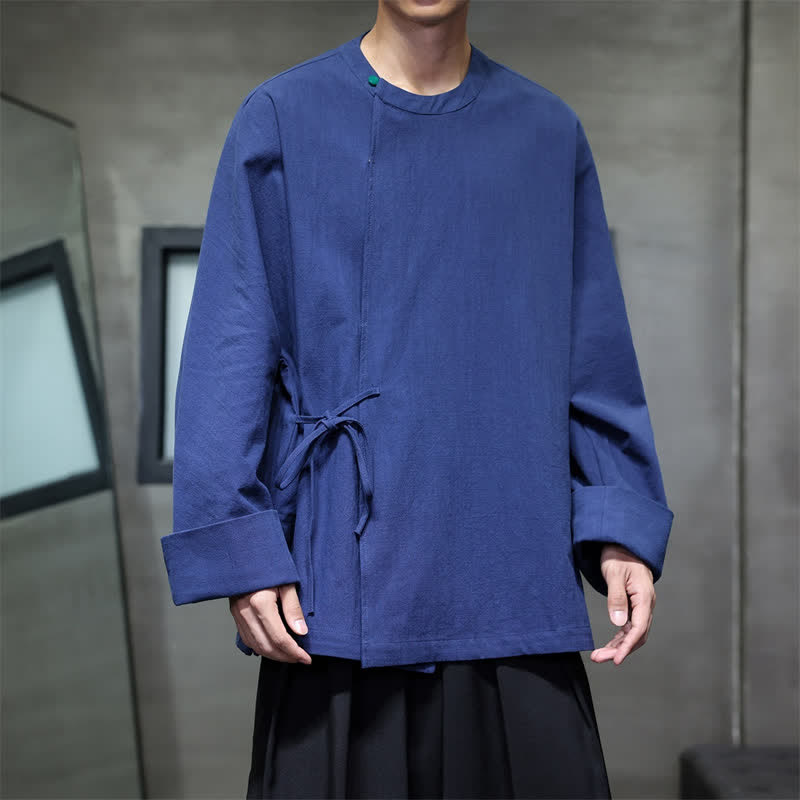 Buddha Stones Herbstliches Tang Style minimalistisches Schnür-Langarmhemd für Herren, einfarbig - Marine - US/ UK/AU48, EU58 (4XL) - image 0
