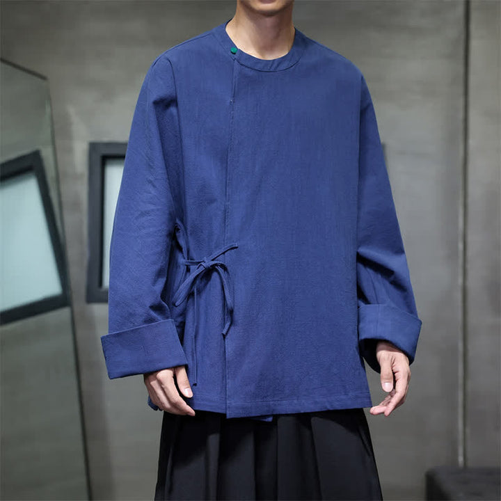 Buddha Stones Herbstliches Tang Style minimalistisches Schnür-Langarmhemd für Herren, einfarbig - Marine - US/ UK/AU48, EU58 (4XL) - image 0