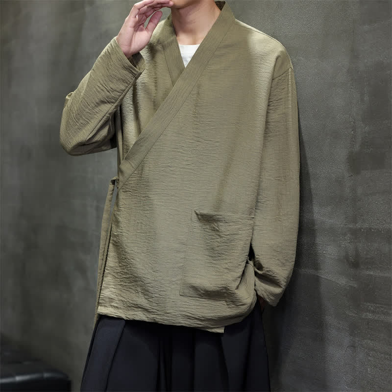 Buddha Stones Lässiger, minimalistischer Kimono im Tang-Stil für Herren mit Kordelzug und Taschen - Dunkelkhaki - US/ UK/AU48, EU58 (4XL) - image 0