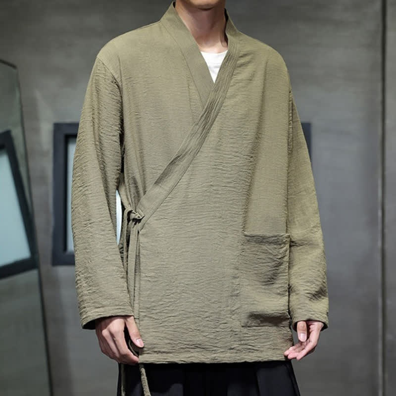 Buddha Stones Lässiger, minimalistischer Kimono im Tang-Stil für Herren mit Kordelzug und Taschen - image 1