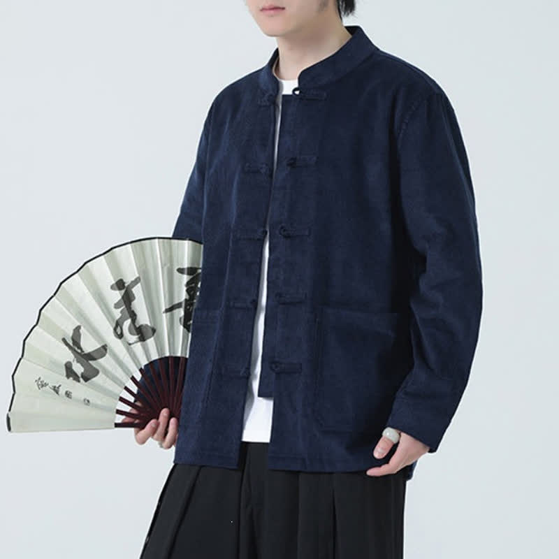 Buddha Stones Lässige Herrenjacke im Tang-Stil mit Froschknopfleiste und Taschen für Herbst und Winter - Mitternachtsblau - US/ UK/AU46, EU56 (5XL) - image 0