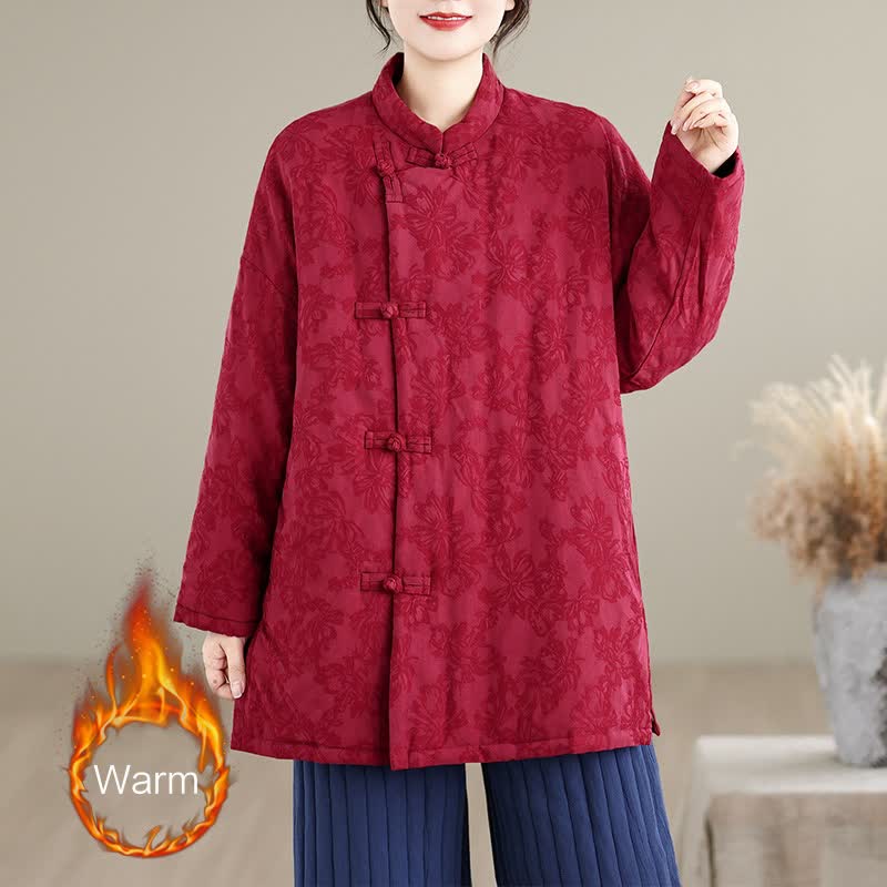 Buddha Stones Vintage-Damenjacke im Tang-Stil mit Stehkragen, Froschknopfleiste, Blumenmuster und Tasche für Herbst und Winter - Dunkelrot - US 8-10, UK/AU 12-14, EU 40-42 (2XL) - image 0