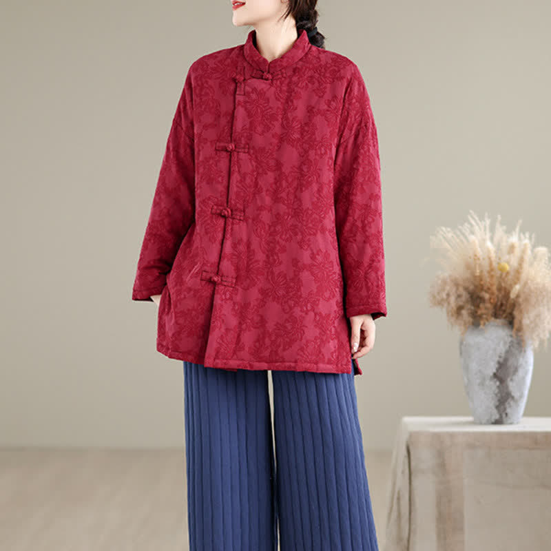 Buddha Stones Vintage-Damenjacke im Tang-Stil mit Stehkragen, Froschknopfleiste, Blumenmuster und Tasche für Herbst und Winter - image 1