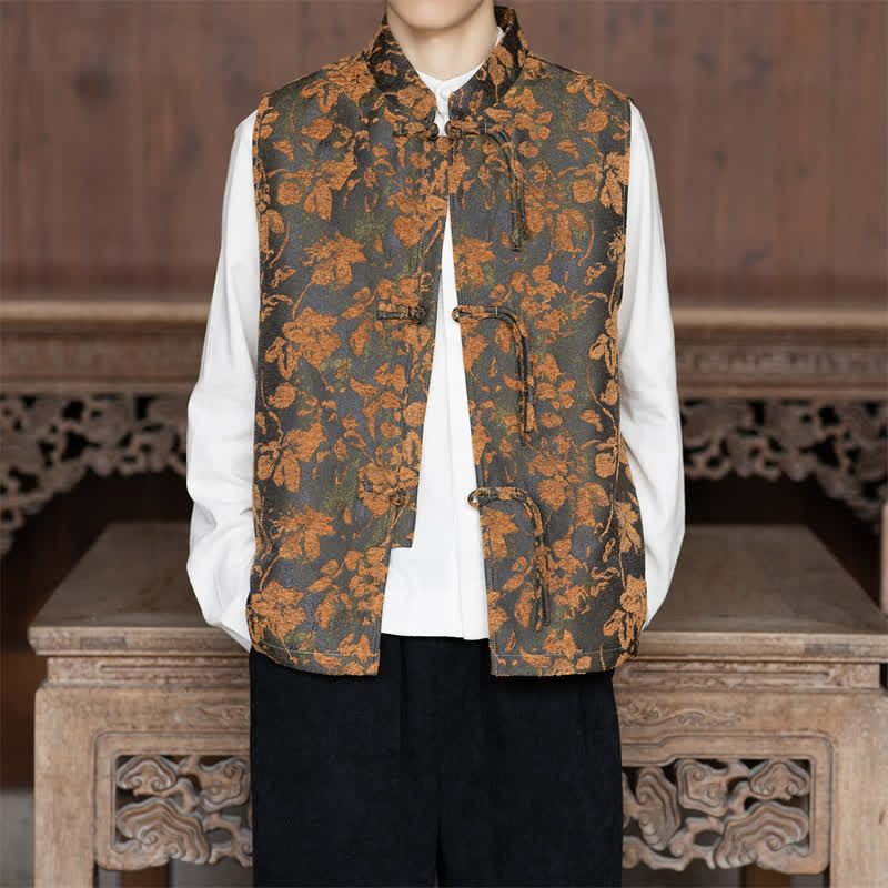 Buddha Stones Herbstliches Vintage-Tanktop im Tang-Stil mit Froschknöpfen, floralem Blättermuster und Weste für Herren - Sienna - US/ UK/AU46, EU56 (5XL) - image 0