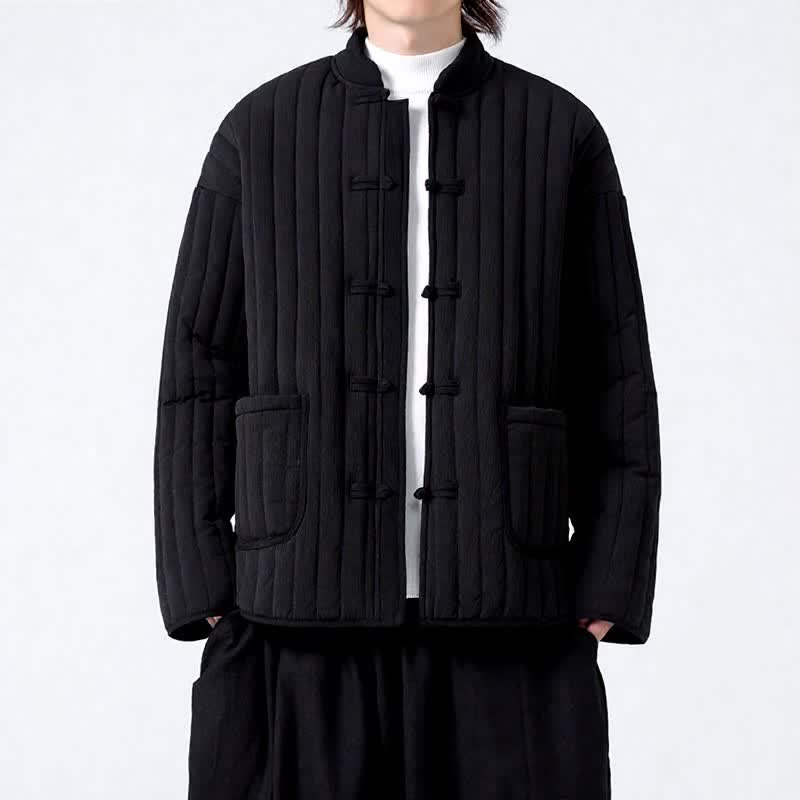 Buddha Stones Herbst/Winter Tang Style Minimalistisches Steppdesign Herrenjacke mit Froschknopfleiste und Taschen - image 1