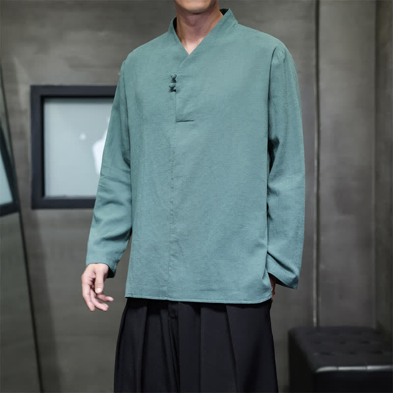 Buddha Stones Lässige Herren-Langarmhemden im Tang-Stil mit Froschknopfverschluss für Frühling und Sommer - Kadettenblau - US/ UK/AU46, EU56 (5XL) - image 0