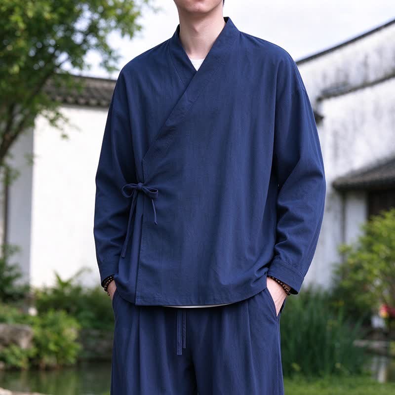 Buddha Stones Frühling Herbst Tang Style Meditation Kimono mit Kordelzug, einfarbiges Baumwoll-Leinen-Herrenmodell - Mitternachtsblau - US/ UK/AU46, EU56 (5XL) - image 0