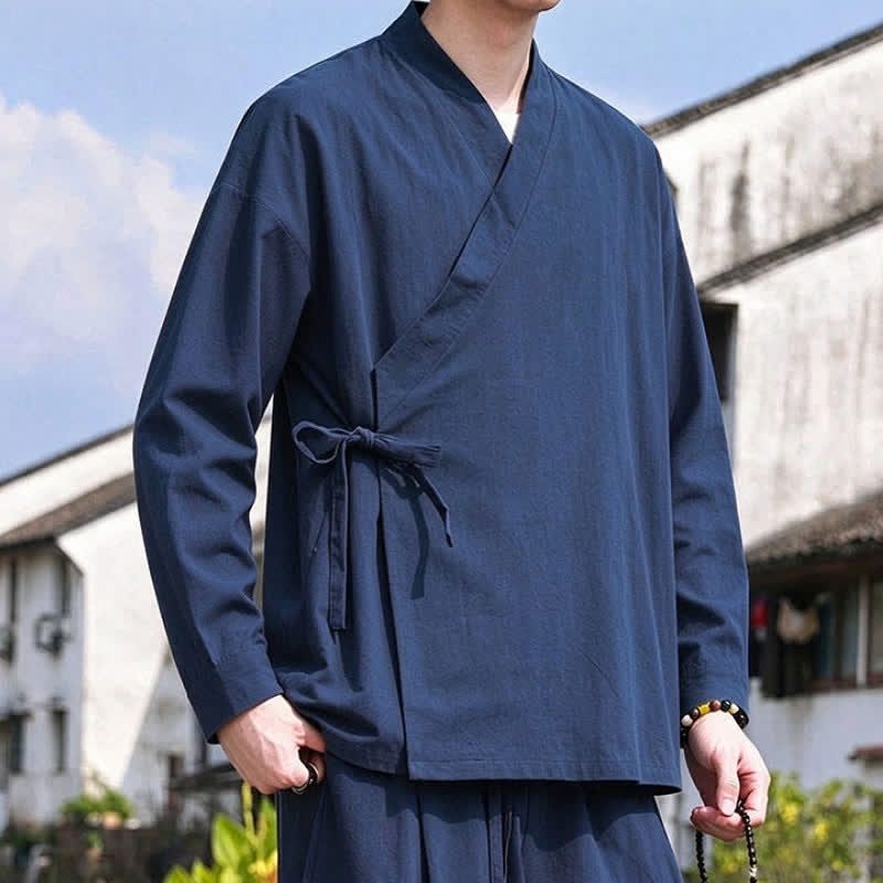 Buddha Stones Frühling Herbst Tang Style Meditation Kimono mit Kordelzug, einfarbiges Baumwoll-Leinen-Herrenmodell - image 1