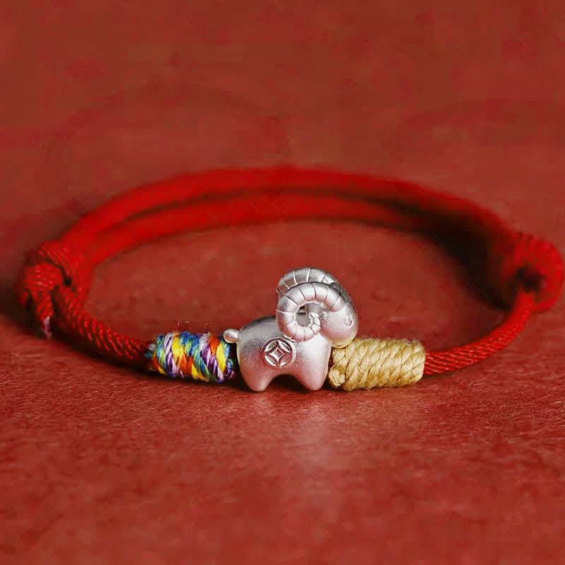 Buddha Stones Armband mit Schafmotiv und roter Schnur, Jahr des Schafes, 999 Sterling Silber, Schutzarmband - Leuchtend Rot - image 0