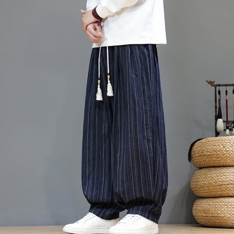 Buddha Stones Lässige, gestreifte Herrenhose mit Kordelzug und Taschen für den Herbst - image 25
