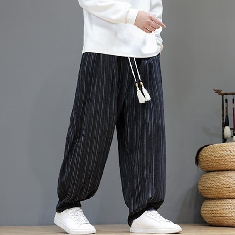 Buddha Stones Lässige, gestreifte Herrenhose mit Kordelzug und Taschen für den Herbst - image 13