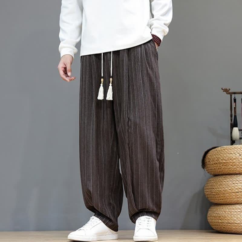 Buddha Stones Lässige, gestreifte Herrenhose mit Kordelzug und Taschen für den Herbst - image 6