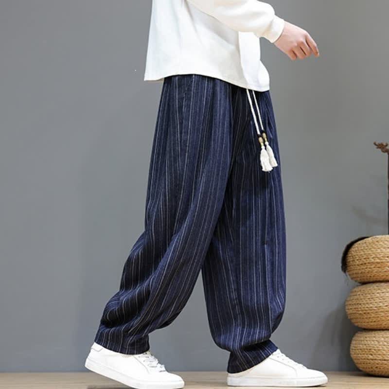 Buddha Stones Lässige, gestreifte Herrenhose mit Kordelzug und Taschen für den Herbst - image 21