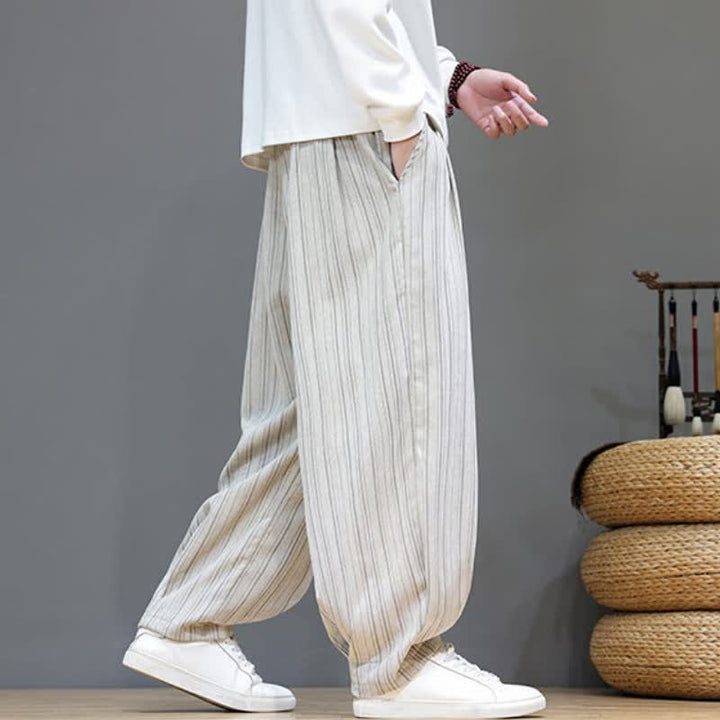 Buddha Stones Lässige, gestreifte Herrenhose mit Kordelzug und Taschen für den Herbst - image 30