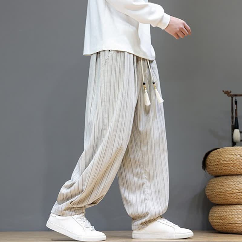 Buddha Stones Lässige, gestreifte Herrenhose mit Kordelzug und Taschen für den Herbst - image 31