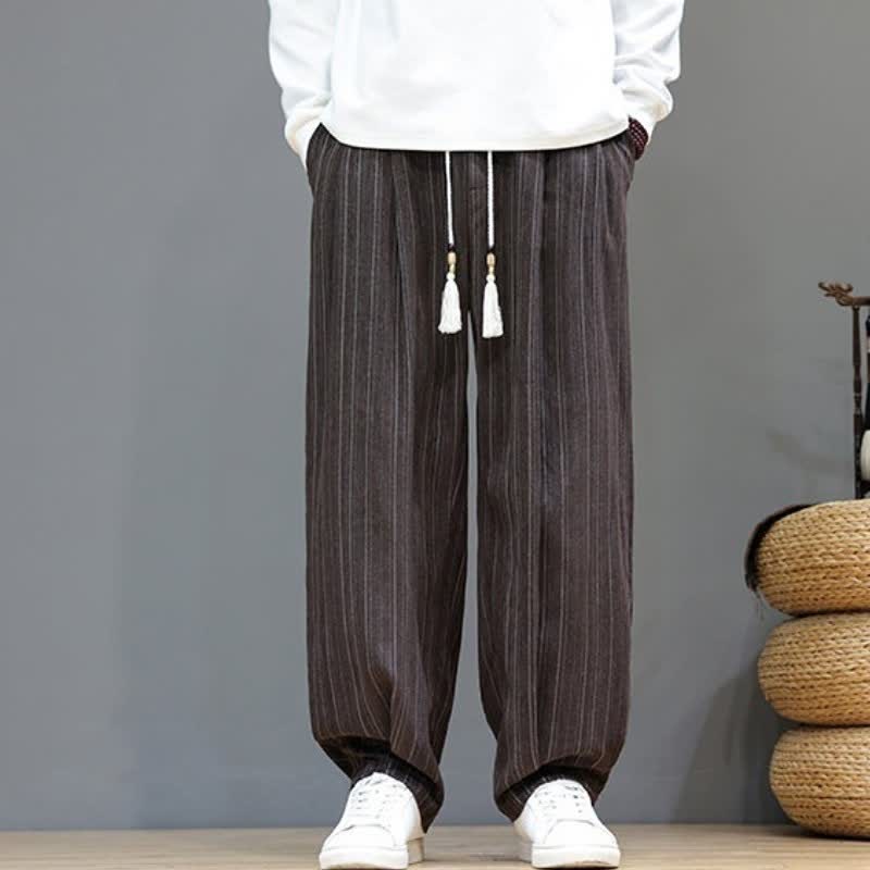 Buddha Stones Lässige, gestreifte Herrenhose mit Kordelzug und Taschen für den Herbst - image 2