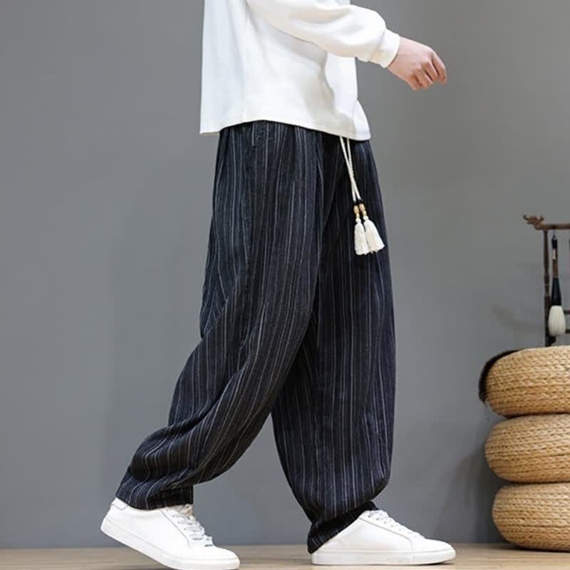 Buddha Stones Lässige, gestreifte Herrenhose mit Kordelzug und Taschen für den Herbst - image 16