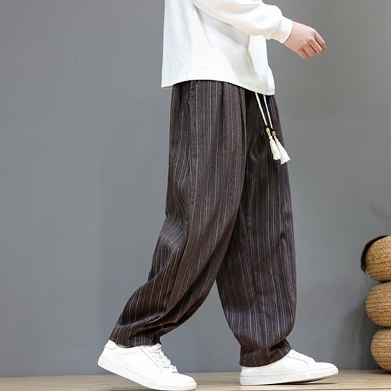 Buddha Stones Lässige, gestreifte Herrenhose mit Kordelzug und Taschen für den Herbst - image 3