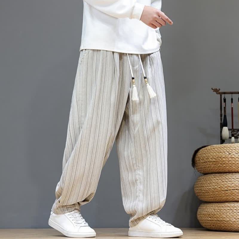 Buddha Stones Lässige, gestreifte Herrenhose mit Kordelzug und Taschen für den Herbst - image 28