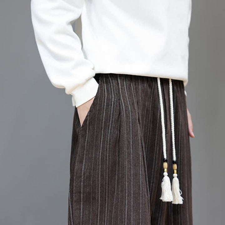 Buddha Stones Lässige, gestreifte Herrenhose mit Kordelzug und Taschen für den Herbst - image 9