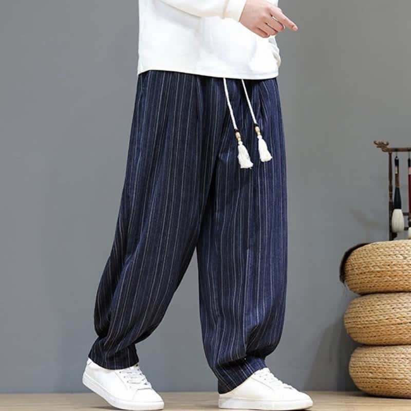 Buddha Stones Lässige, gestreifte Herrenhose mit Kordelzug und Taschen für den Herbst - image 24
