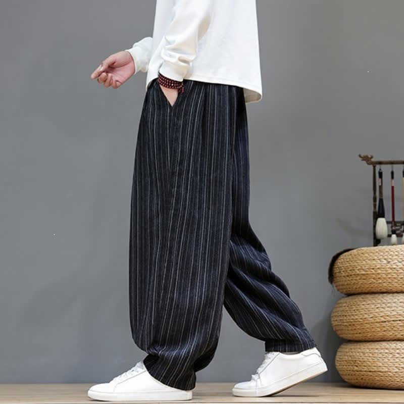 Buddha Stones Lässige, gestreifte Herrenhose mit Kordelzug und Taschen für den Herbst - image 15