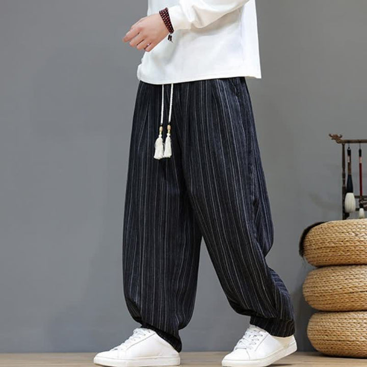 Buddha Stones Lässige, gestreifte Herrenhose mit Kordelzug und Taschen für den Herbst - image 14
