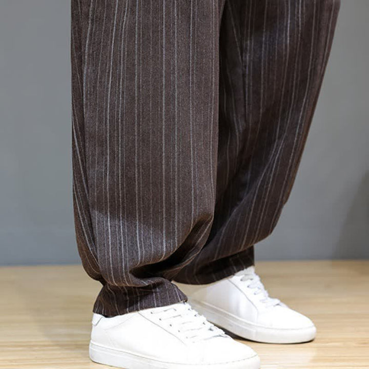 Buddha Stones Lässige, gestreifte Herrenhose mit Kordelzug und Taschen für den Herbst - image 10