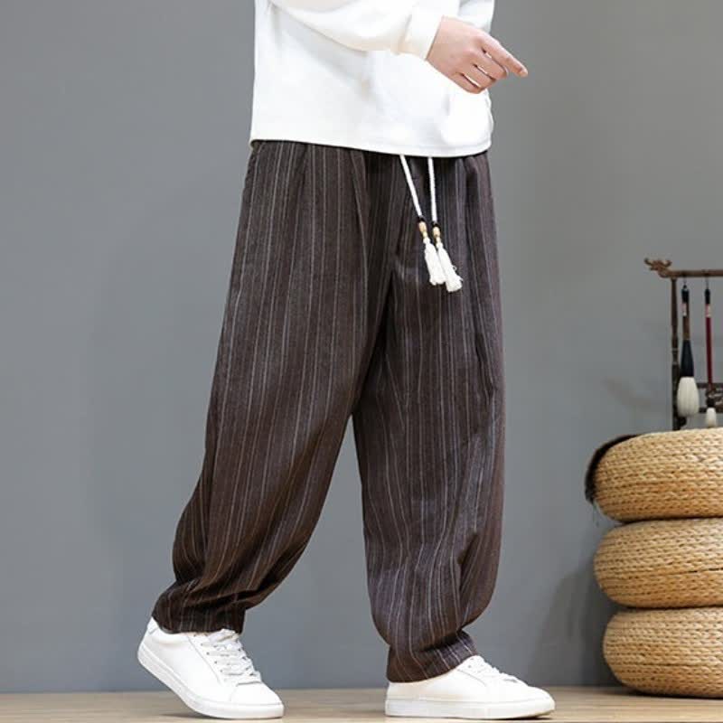 Buddha Stones Lässige, gestreifte Herrenhose mit Kordelzug und Taschen für den Herbst - image 1