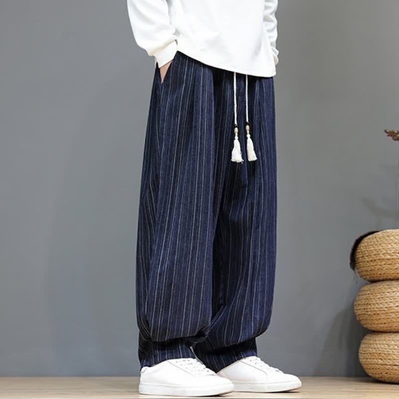 Buddha Stones Lässige, gestreifte Herrenhose mit Kordelzug und Taschen für den Herbst - image 20