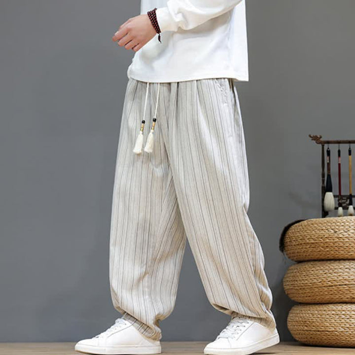 Buddha Stones Lässige, gestreifte Herrenhose mit Kordelzug und Taschen für den Herbst - image 29