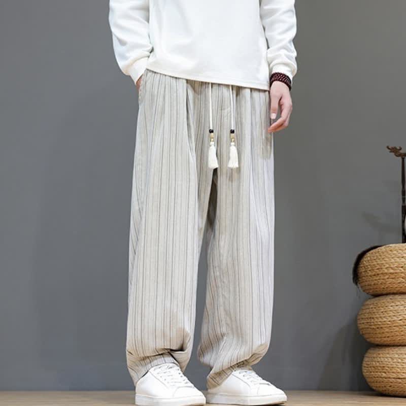 Buddha Stones Lässige, gestreifte Herrenhose mit Kordelzug und Taschen für den Herbst - image 32