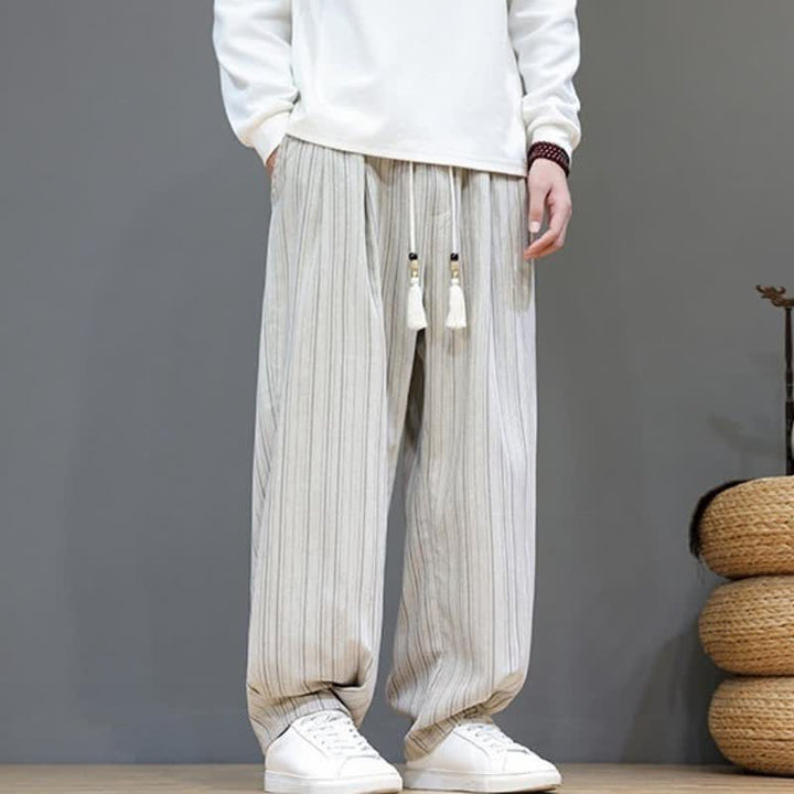 Buddha Stones Lässige, gestreifte Herrenhose mit Kordelzug und Taschen für den Herbst - image 32