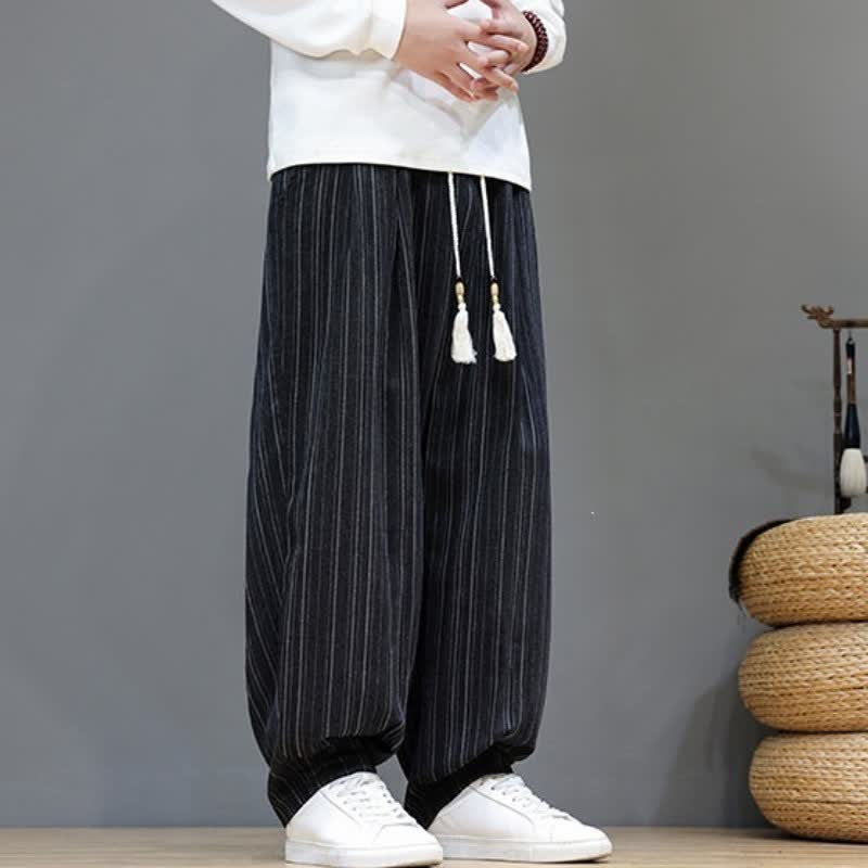 Buddha Stones Lässige, gestreifte Herrenhose mit Kordelzug und Taschen für den Herbst - image 17