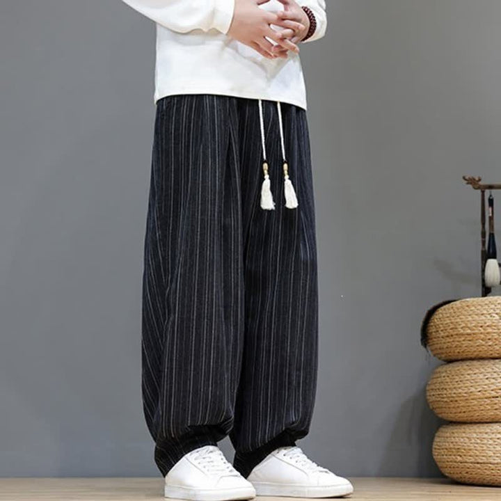 Buddha Stones Lässige, gestreifte Herrenhose mit Kordelzug und Taschen für den Herbst - image 17