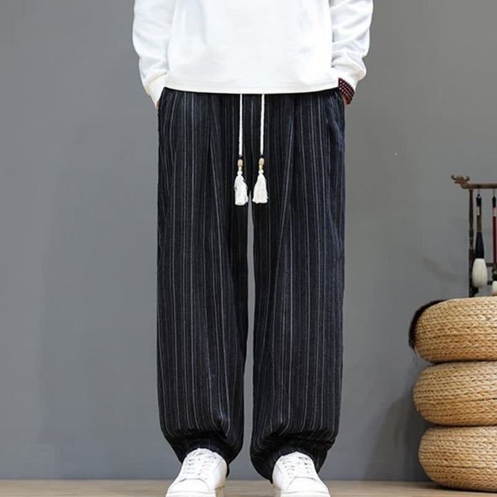 Buddha Stones Lässige, gestreifte Herrenhose mit Kordelzug und Taschen für den Herbst - image 12