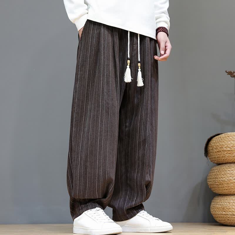 Buddha Stones Lässige, gestreifte Herrenhose mit Kordelzug und Taschen für den Herbst - image 5