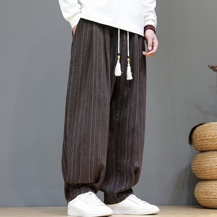 Buddha Stones Lässige, gestreifte Herrenhose mit Kordelzug und Taschen für den Herbst - image 5