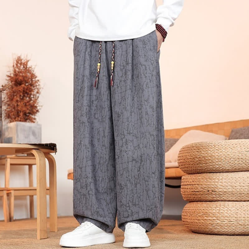Buddha Stones Lässige lange Herrenhose mit geradem Bein und Taschen, Kordelzug, abstraktem Strukturmuster und Taschen - image 1