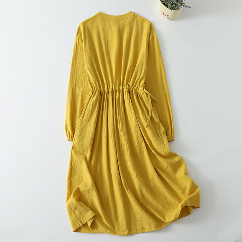 Buddha Stones Lässiges Vintage-Kleid für Damen im Herbst- und Winterstil mit Knopfleiste, Kordelzug, langen Ärmeln und Tasche. Aus Baumwoll-Leinen-Mischgewebe. - image 1