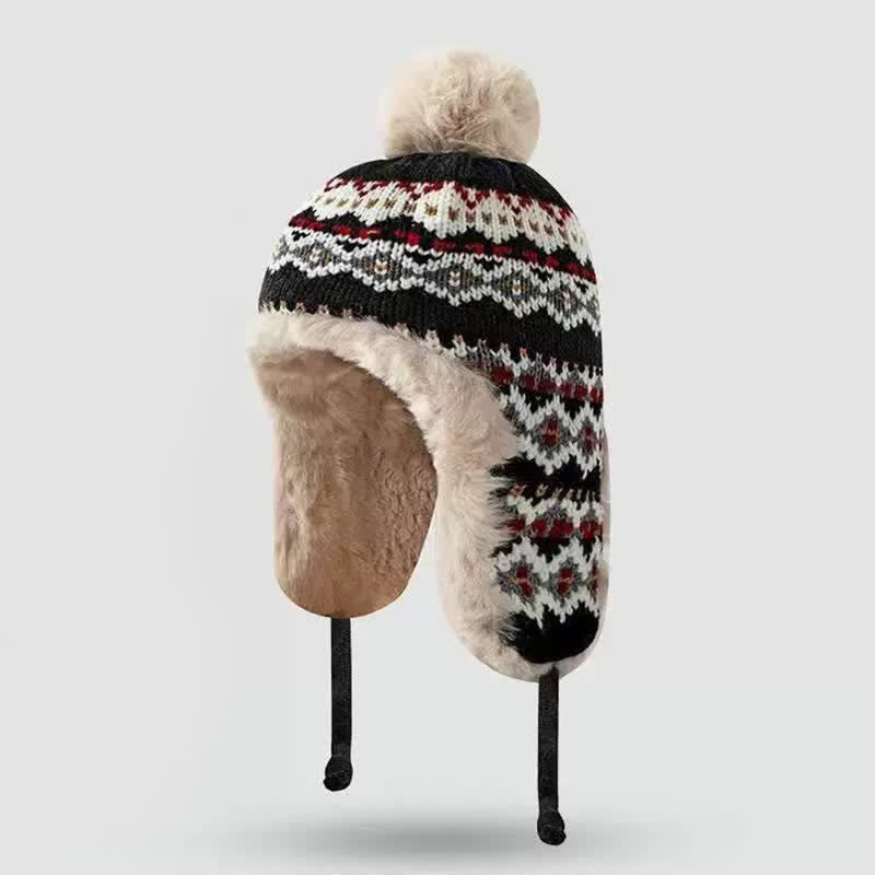 Buddha Stones Wintermütze für Damen mit geometrischem Bommel, Fleecefutter und Ohrenklappen - Schwarz - Einheitsgröße (54-60 cm) - image 5