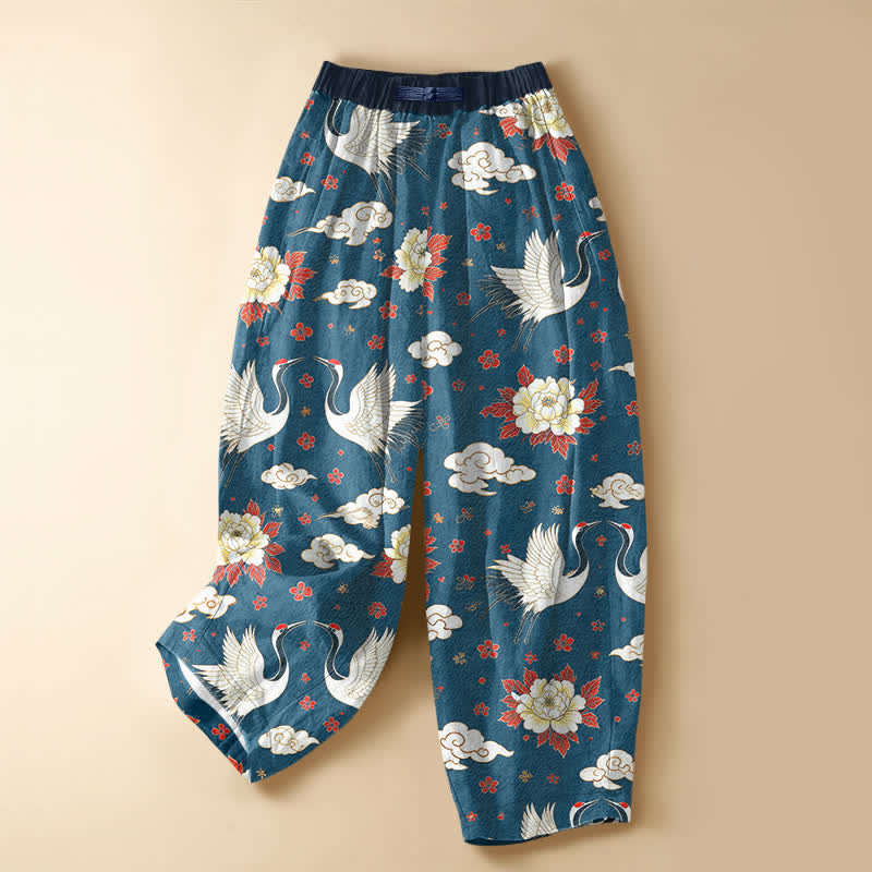 Buddha Stones Reine Baumwolle, klassisches Kranich-Pfingstrosenmuster, Froschknopfleiste, elastischer Bund, Taschen für Damen - SteelBlue - US16, UK/AU20, EU48 (3XL) - image 0